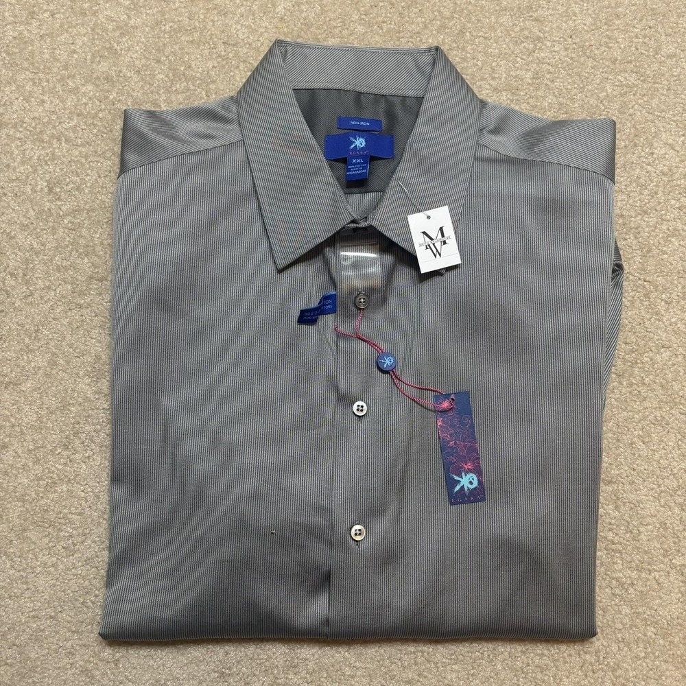 NWT Egara Shirt Mens 2XL Gray Stripe Non-Iron 100% Cotton Twill Dress Business